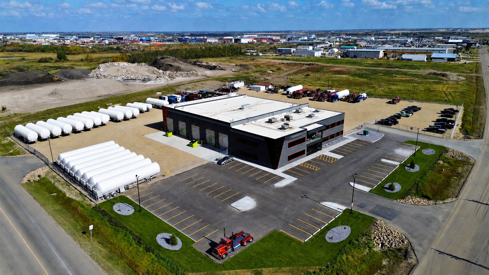 Aerial view of the Copper Tip Energy Services Nisku yard with rows of nitrogen storage vessels