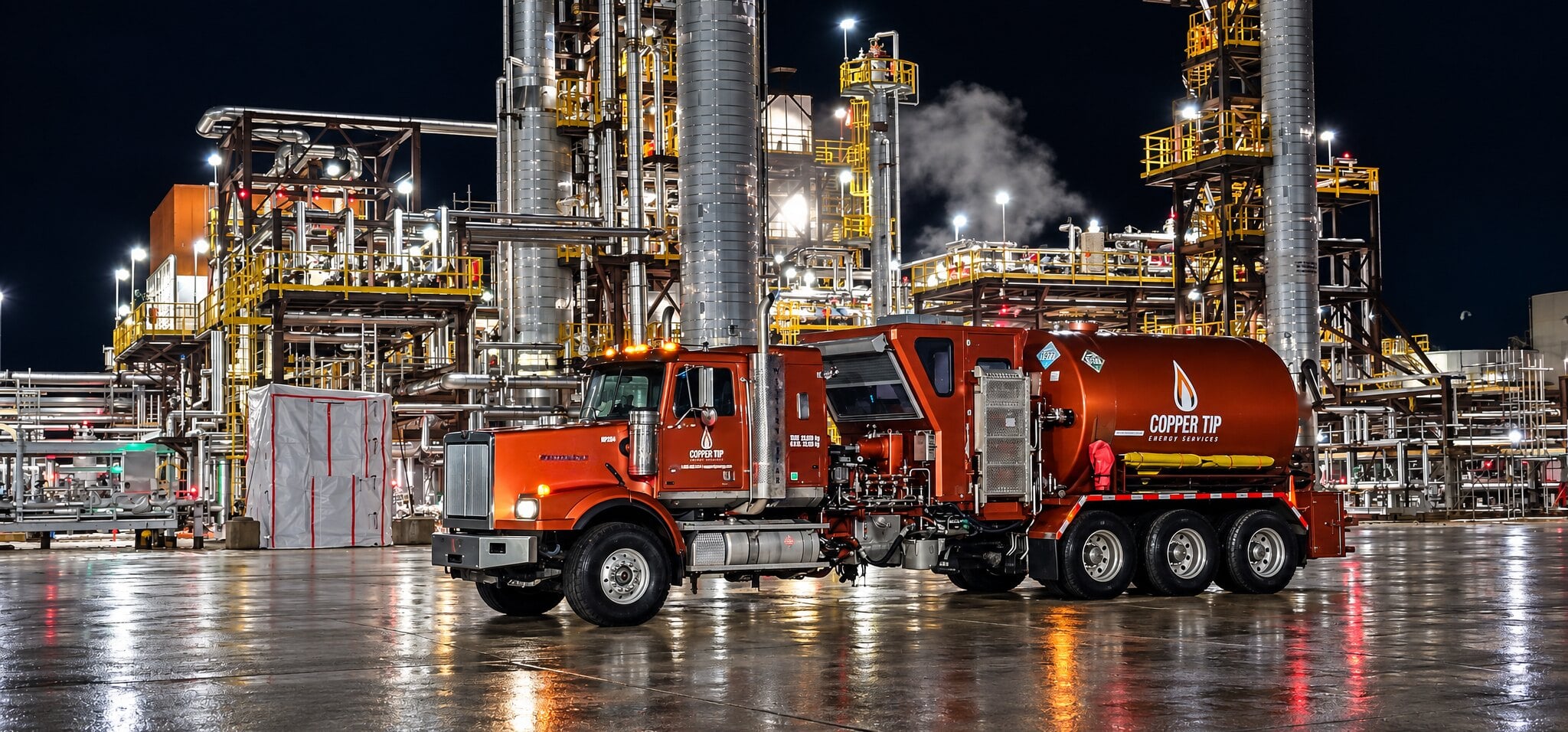 Copper Tip Energy Services fluid pumping unit deployed at a night industrial plant