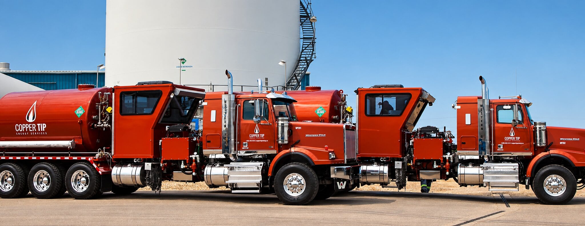 Copper Tip Energy Services nitrogen pumping units parked in front of a storage tank