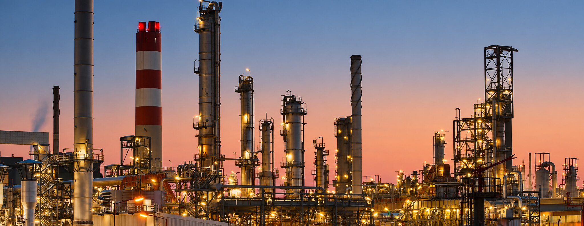 Refinery towers and stacks at dusk